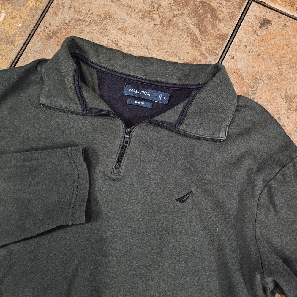 Nautica Mens‎ XL Slim Fit Quarter Zip Pullover Forest Green Cotton K7438